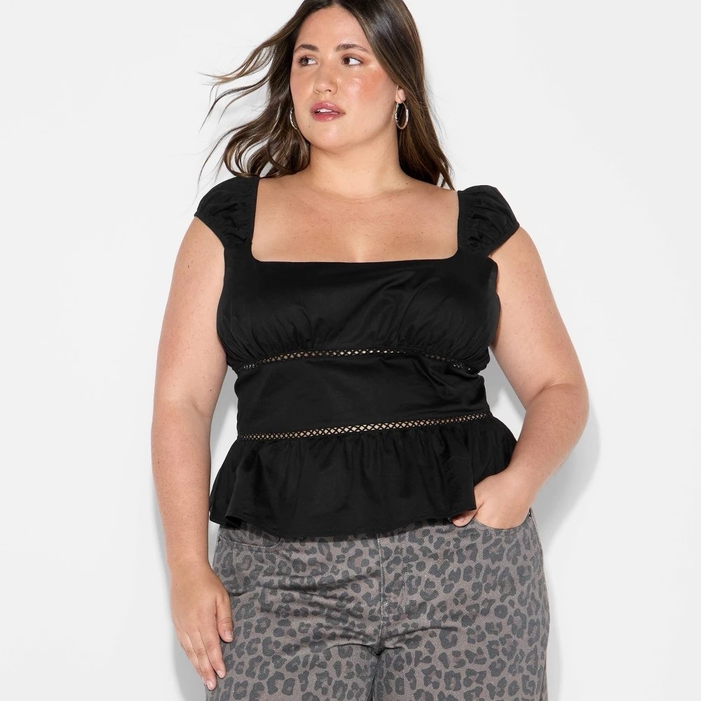 NWT Women's Cap Sleeve Squareneck Peplum Top - WIld Fable Black Medium
